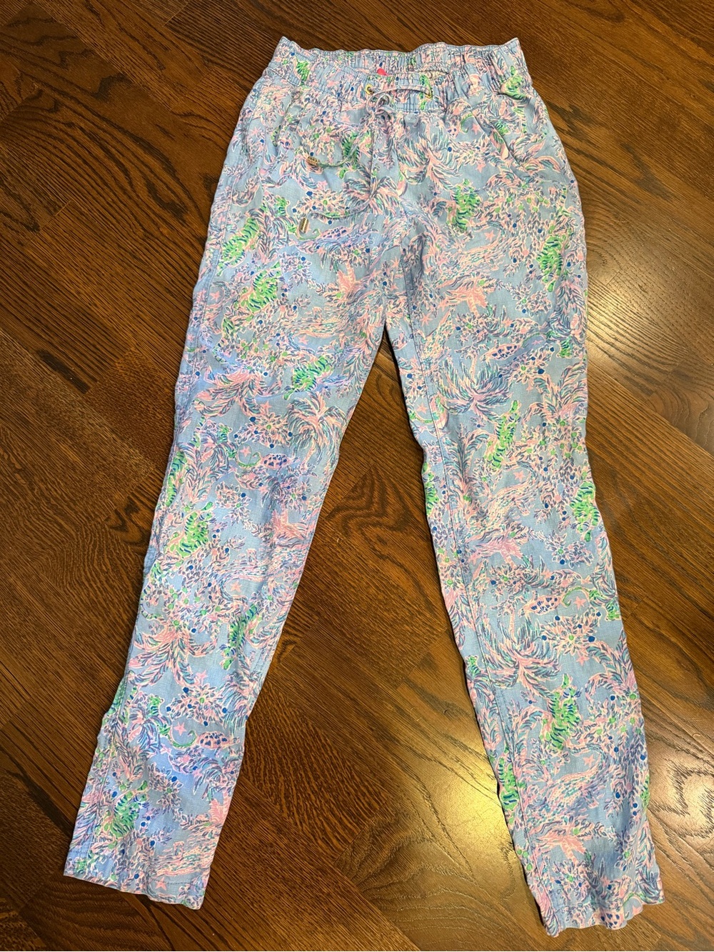 Lilly Pulitzer Taron Linen Crop Pants Light Blue Tropical Pink Green Size XS